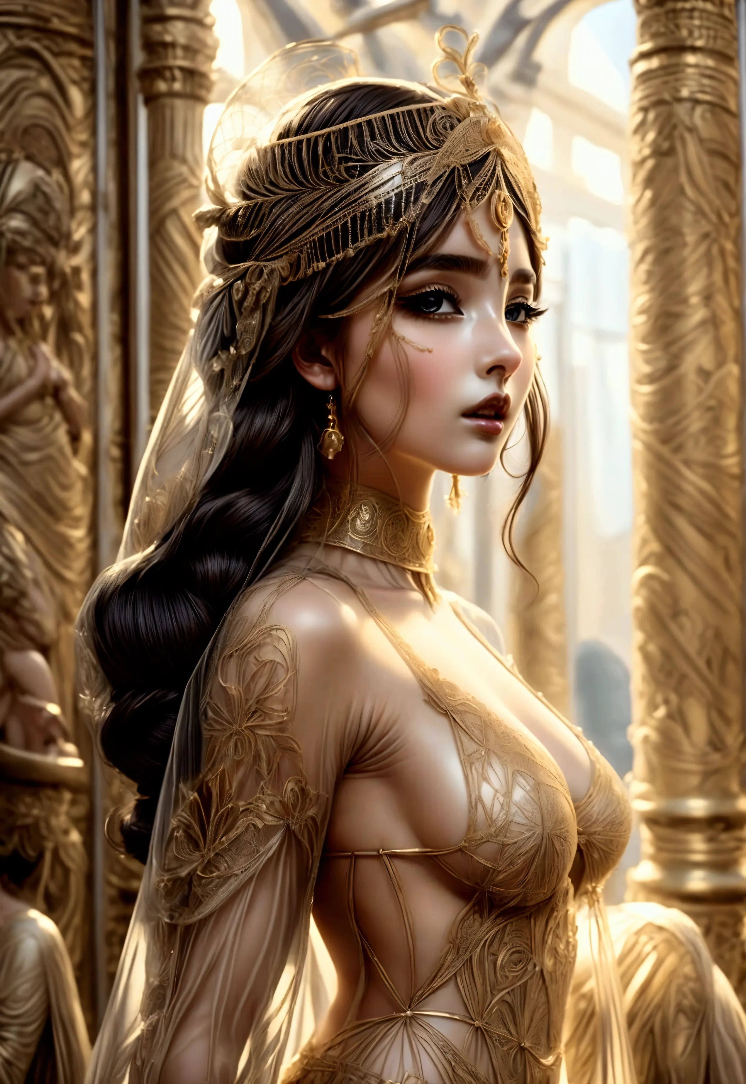 imagine the photograph of a beautiful and sensual woman with her costume inspired by a very sensual greek goddess in the main ro...