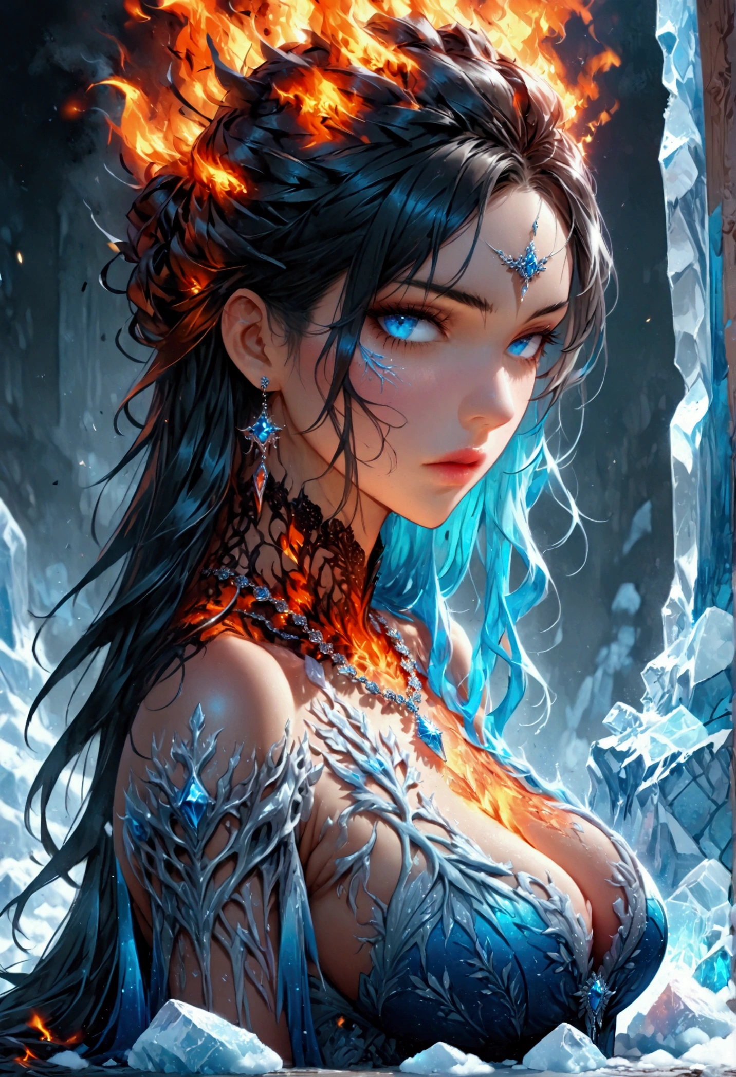 a glamour picture shot, of an elite model covered in fire walking on a icy catwalk, an extraordinary glamourous elite female model, ((full body: 1.5)),  ((anatomically correct: 1.5), (ultra detailed face: 1.2), best detailed face, black hair, long hair, lush hair, glam hair cut, blue eyes, delicate face, light make up, wearing intricate detailed dress, glamour dress, haute couture dress, elite fashion dress, dynamic color dress,  FireMagicAI,  small cleavage, busty wearing high heels, elegant high heels, she wears diamond necklace, she is covered in fire, she walks on an icy catwalk, image reflecting in the ice IceMagicAI, elite fashion show background, vibrant, Hyperrealism style, vibrant, Ultra-high resolution, High Contrast, (masterpiece:1.5), highest quality, Best aesthetics), best details, best quality, highres, ultra wide angle, 16k, [ultra detailed], masterpiece, best quality, (extremely detailed) RAW, FireMagicAI, IceMagicAI, faize, manga style