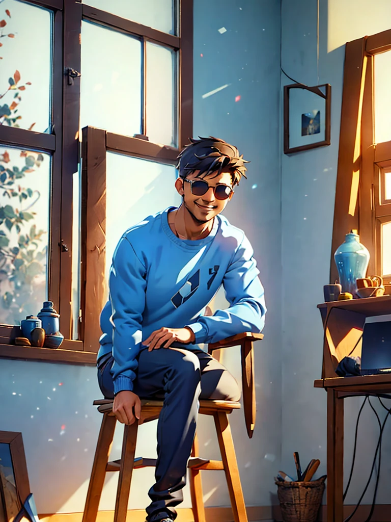 Generate an image of a NP sitting casually on a windowsill in a well-lit room with large windows and wooden frames. The man should be slightly leaning forward, resting his elbows on his knees, and smiling broadly while looking slightly to his right. He is wearing a light blue sweatshirt, dark pants, and sunglasses. The background should show part of a wall and a wooden chair or desk, with natural light coming through the windows."