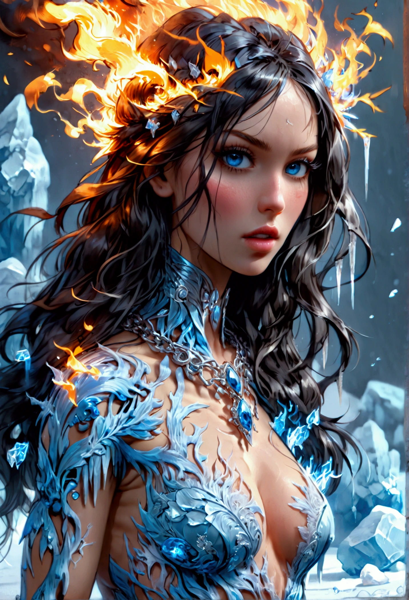 a glamour picture shot, of an elite model covered in fire walking on a icy catwalk, an extraordinary glamourous elite female model, ((full body: 1.5)),  ((anatomically correct: 1.5), (ultra detailed face: 1.2), best detailed face, black hair, long hair, lush hair, glam hair cut, blue eyes, delicate face, light make up, wearing intricate detailed dress, glamour dress, haute couture dress, elite fashion dress, dynamic color dress,  FireMagicAI,  small cleavage, busty wearing high heels, elegant high heels, she wears diamond necklace, she is covered in fire, she walks on an icy catwalk, image reflecting in the ice IceMagicAI, elite fashion show background, vibrant, Hyperrealism style, vibrant, Ultra-high resolution, High Contrast, (masterpiece:1.5), highest quality, Best aesthetics), best details, best quality, highres, ultra wide angle, 16k, [ultra detailed], masterpiece, best quality, (extremely detailed) RAW, FireMagicAI, IceMagicAI, faize