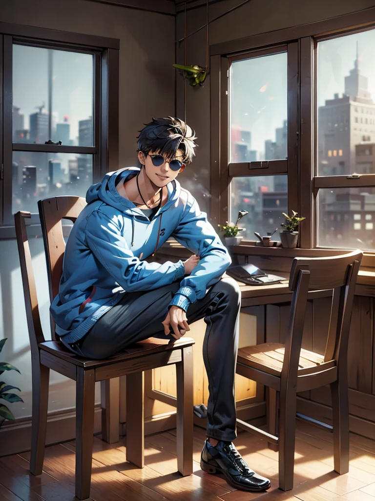 Generate an image of a NP sitting casually on a windowsill in a well-lit room with large windows and wooden frames. The man should be slightly leaning forward, resting his elbows on his knees, and smiling broadly while looking slightly to his right. He is wearing a light blue sweatshirt, dark pants, and sunglasses. The background should show part of a wall and a wooden chair or desk, with natural light coming through the windows."