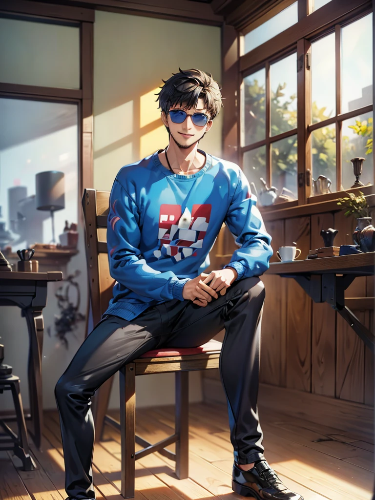 Generate an image of a NP sitting casually on a windowsill in a well-lit room with large windows and wooden frames. The man should be slightly leaning forward, resting his elbows on his knees, and smiling broadly while looking slightly to his right. He is wearing a light blue sweatshirt, dark pants, and sunglasses. The background should show part of a wall and a wooden chair or desk, with natural light coming through the windows."