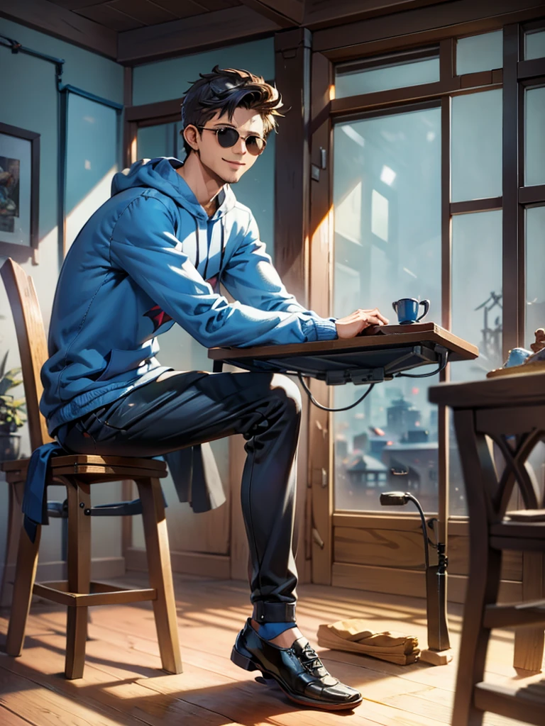 Generate an image of a NP sitting casually on a windowsill in a well-lit room with large windows and wooden frames. The man should be slightly leaning forward, resting his elbows on his knees, and smiling broadly while looking slightly to his right. He is wearing a light blue sweatshirt, dark pants, and sunglasses. The background should show part of a wall and a wooden chair or desk, with natural light coming through the windows."