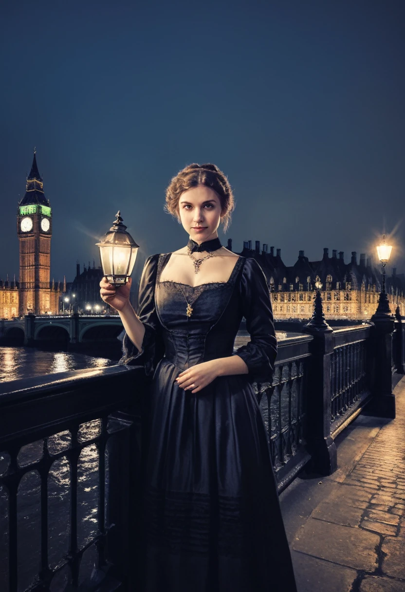 1girl, solo, short hair, hair bun, selfie, brown_hair, side buns, victorian era dress, lady mystical lamps at a Gaslit bridge spanning over tranquil river, london street, nighttime, fog, westminster, big ben, ultra-fine digital painting, cin3 victorianstyle, skswoman