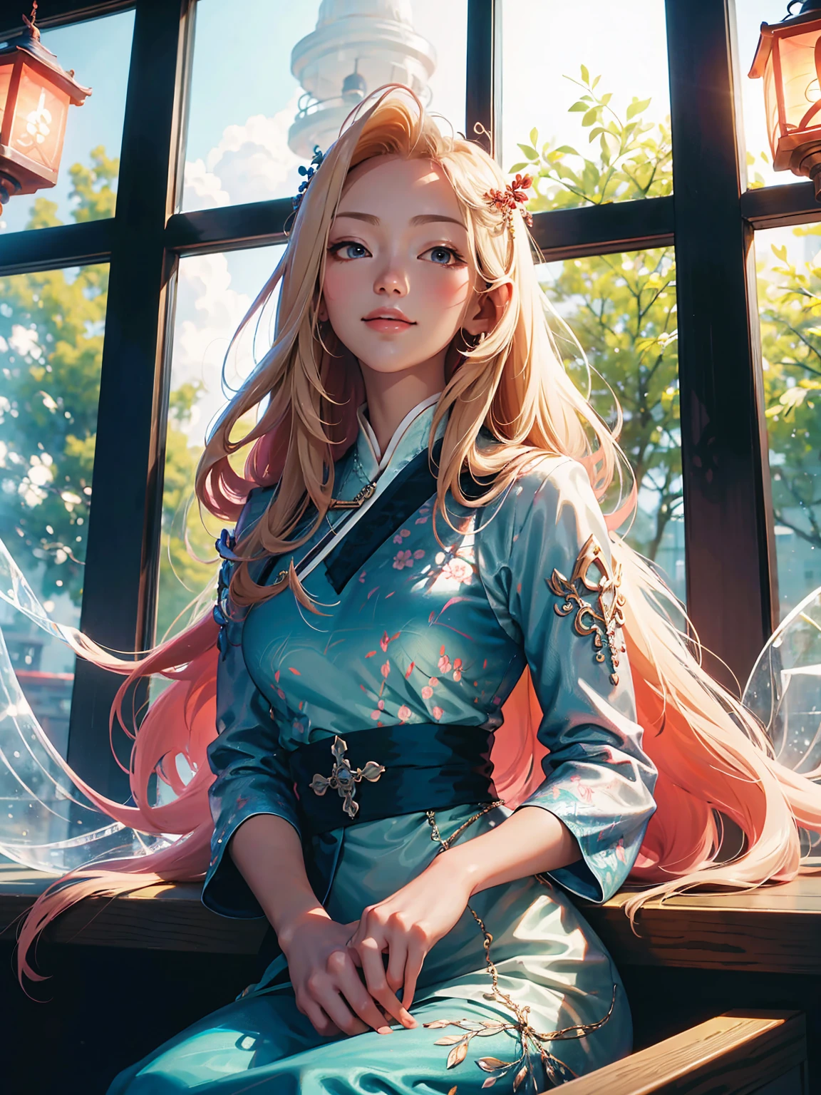 Detailed textures, high quality, high resolution, high accuracy, realism, color correction, correct lighting settings, harmonious composition. A beautiful anime girl in hanfu is sitting on the window sill, surrounded by many hanging bells and wind chimes. The sunlight shines through the clouds onto her face, creating an atmosphere of tranquility and peace. She has long blonde hair with red floral decorations on it, wing traditional Han Dynasty with white sleeves and a red waistcoat. She is smiling gently as she holds one bell to her . The background features blooming flowers under soft lighting. In the style of anime, highest quality. colorful illustrations, highly detailed, high resolution, in the style of digital painting, natural lighting --ar 3:4 --niji 6