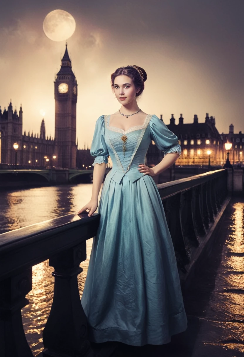 1girl, solo, short hair, hair bun, selfie, brown_hair, side buns, victorian era dress, lady mystical lamps at a Gaslit bridge spanning over tranquil river, london street, nighttime, fog, westminster, big ben, ultra-fine digital painting, cin3 victorianstyle, skswoman, SELFIE, USER INTERFACE, FAKE SCREENSHOT, VIEWFIND