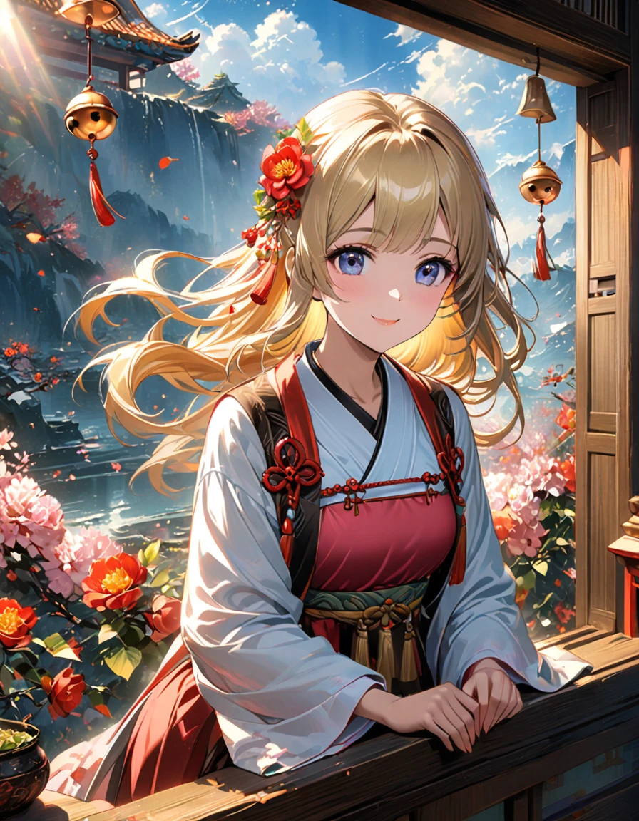 Detailed textures, high quality, high resolution, high accuracy, realism, color correction, correct lighting settings, harmonious composition. A beautiful anime girl in hanfu is sitting on the window sill, surrounded by many hanging bells and wind chimes. The sunlight shines through the clouds onto her face, creating an atmosphere of tranquility and peace. She has long blonde hair with red floral decorations on it, wing traditional Han Dynasty with white sleeves and a red waistcoat. She is smiling gently as she holds one bell to her . The background features blooming flowers under soft lighting. In the style of anime, highest quality. colorful illustrations, highly detailed, high resolution, in the style of digital painting, natural lighting --ar 3:4 --niji 6