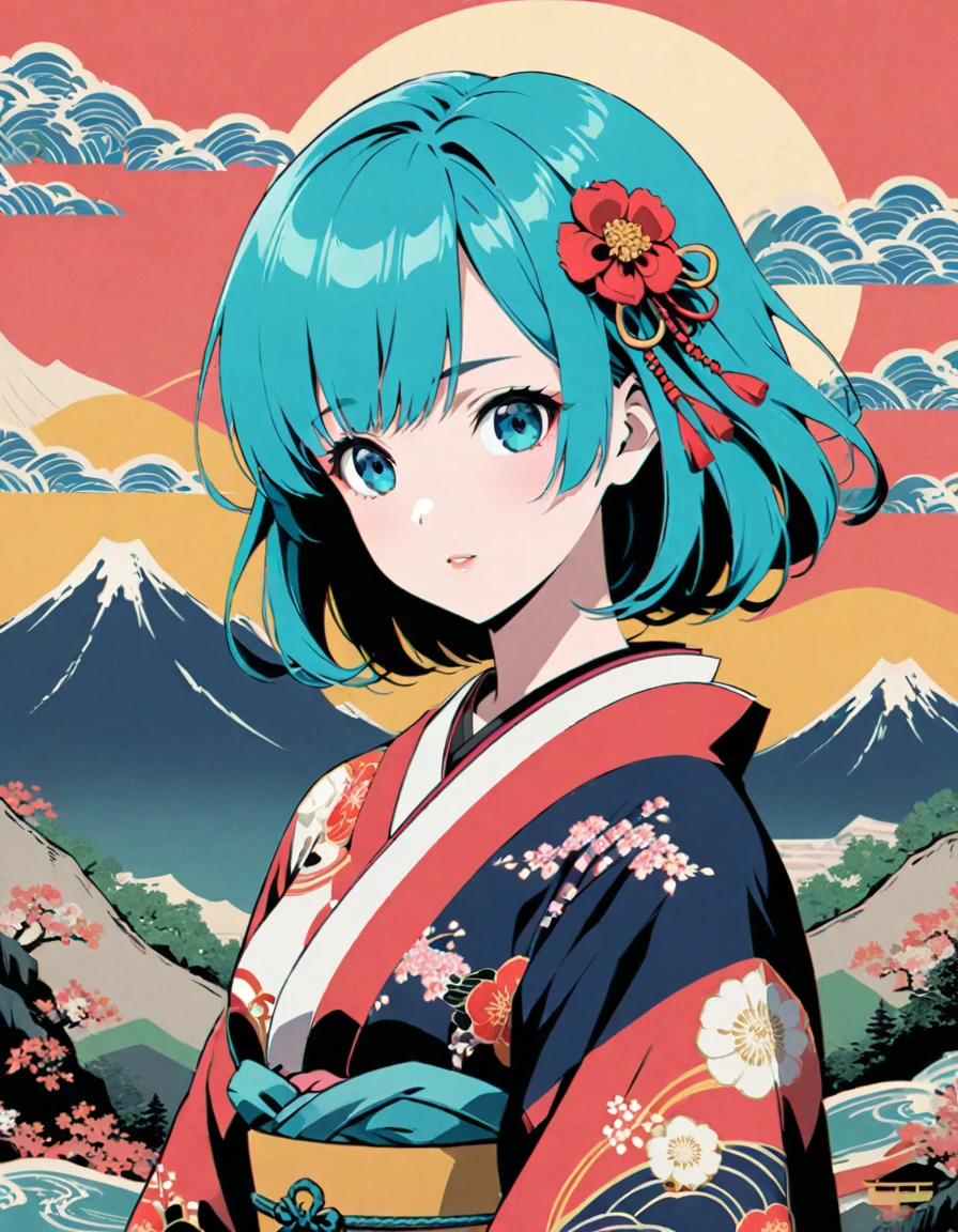 Detailed textures, high quality, high resolution, high accuracy, realism, color correction, correct lighting settings, harmonious composition. Japanese kimono print vector design of an anime girl with teal hair, mountains and moon in the background, colorful flowers, geometric patterns, black flat color background, Japanese architecture, in the style of ukiyo-e. --ar 3:4 --niji 6