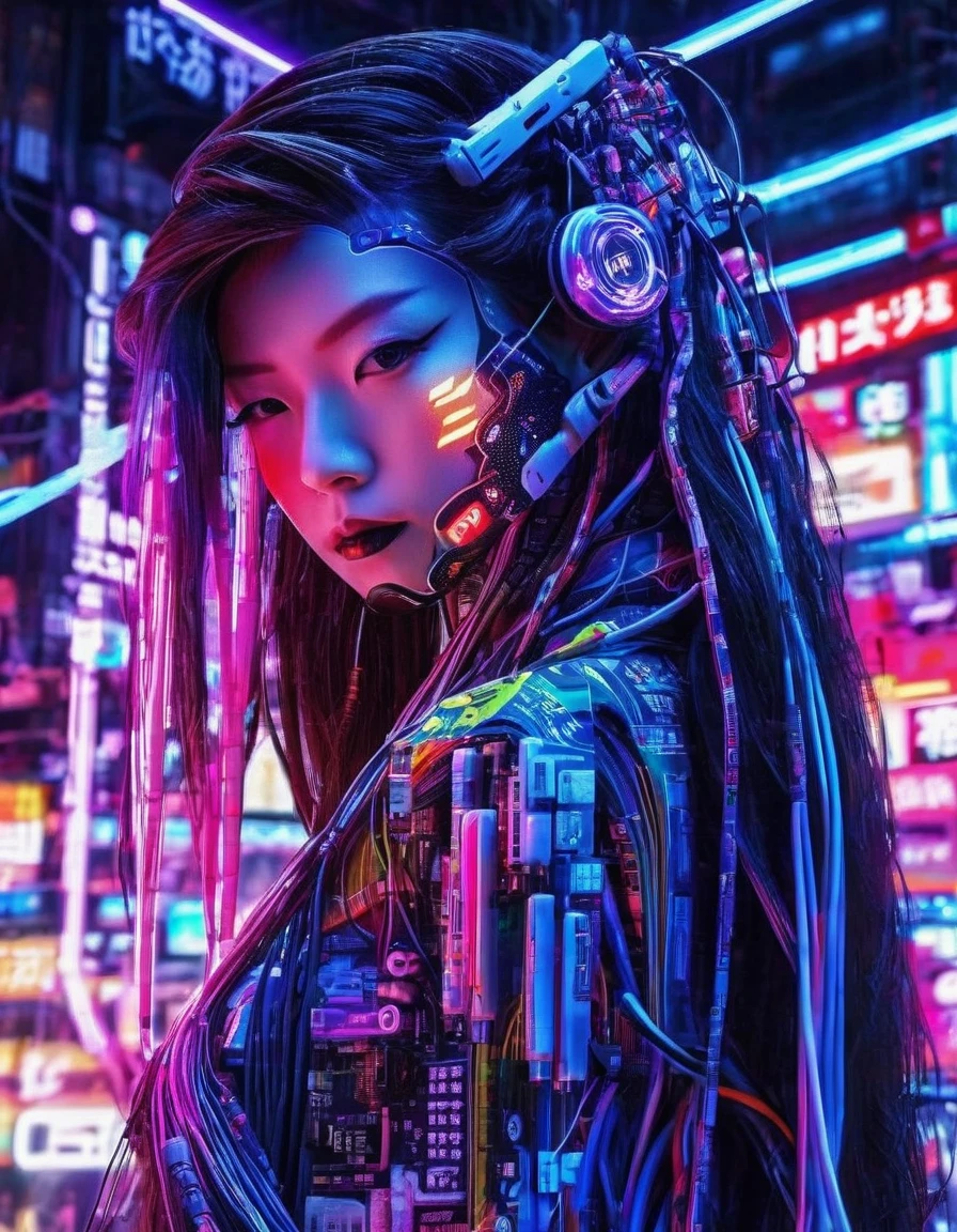 High technology, futuristic, cyborg girl, (photorealistic:1.4), long hair made of cables, robotic, lots of computer cables in the bacground, ultra high res, uhd, 8k, neon lights, japanese culture, kimono, jspanese demon