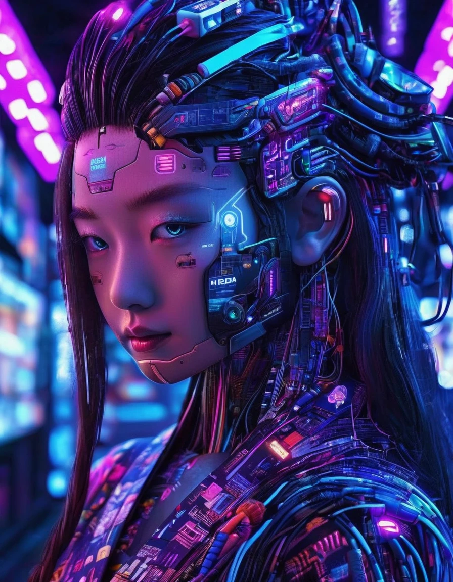 High technology, futuristic, cyborg girl, (photorealistic:1.4), long hair made of cables, robotic, lots of computer cables in the bacground, ultra high res, uhd, 8k, neon lights, japanese culture, kimono, jspanese demon