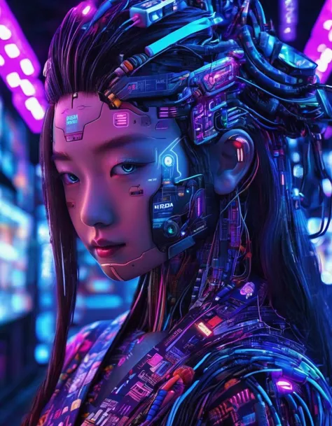 high technology, futuristic, cyborg girl, (photorealistic:1.4), long hair made of cables, robotic, lots of computer cables in th...