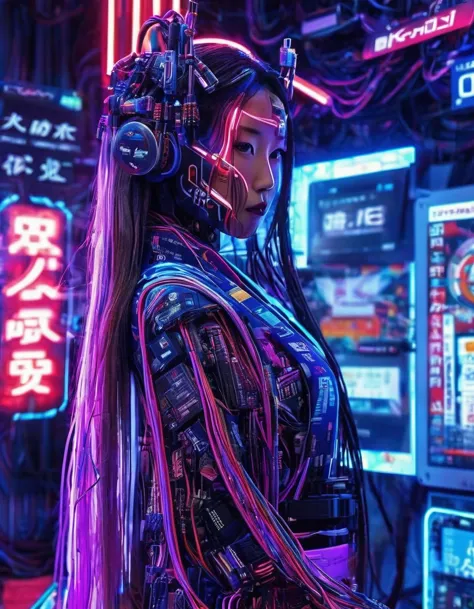 high technology, futuristic, cyborg girl, (photorealistic:1.4), long hair made of cables, robotic, lots of computer cables in th...