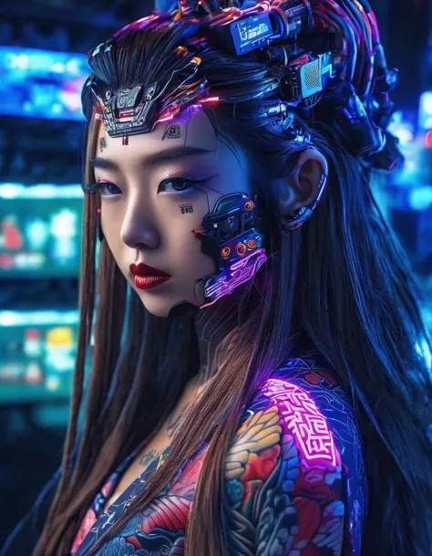 high technology, futuristic, cyborg girl, (photorealistic:1.4), long hair made of cables, robotic, lots of computer cables in th...