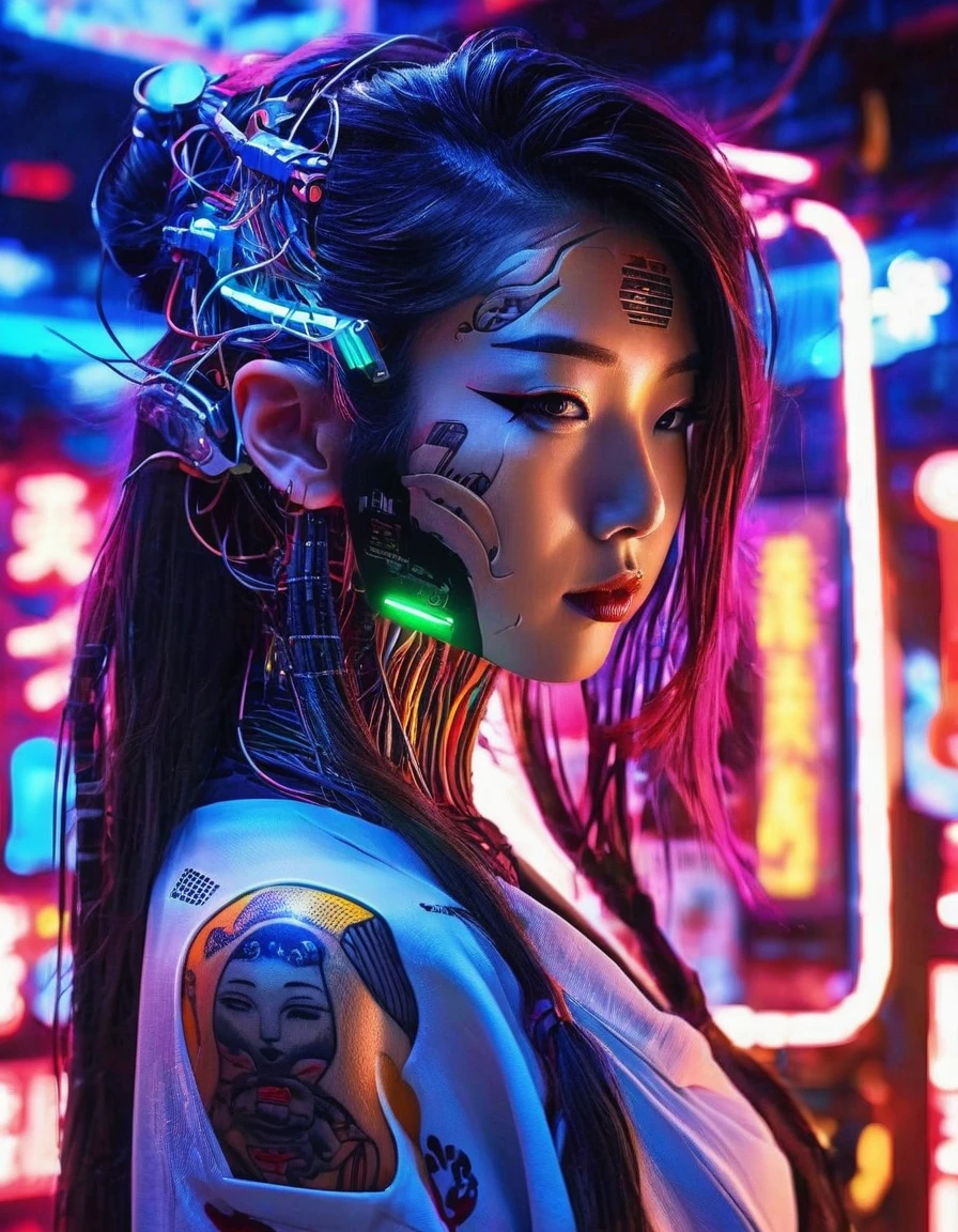 High technology, futuristic, cyborg girl, (photorealistic:1.4), long hair made of cables, robotic, lots of computer cables in the bacground, ultra high res, uhd, 8k, neon lights, japanese culture, kimono, jspanese demon

asianbeauty、8k、4K、real、Realism、reality、Ultra HD、Asian、beautiful girl、High Quality、Highvision、Hyperdetail、Tattoos on the face、Japanese Tattoo、Japanesetattoo