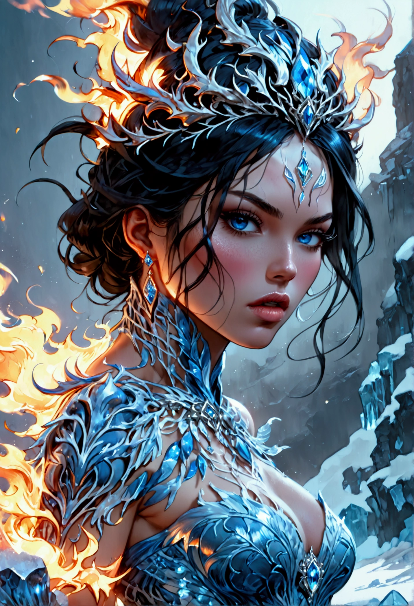 a glamour picture shot, of an elite model covered in fire walking on a icy catwalk, an extraordinary glamourous elite female model, ((full body: 1.5)),  ((anatomically correct: 1.5), (ultra detailed face: 1.2), best detailed face, black hair, long hair, lush hair, glam hair cut, blue eyes, delicate face, light make up, wearing intricate detailed dress, glamour dress, haute couture dress, elite fashion dress, dynamic color dress,  FireMagicAI,  small cleavage, busty wearing high heels, elegant high heels, she wears diamond necklace, she is covered in fire, she walks on an icy catwalk, image reflecting in the ice IceMagicAI, elite fashion show background, vibrant, Hyperrealism style, vibrant, Ultra-high resolution, High Contrast, (masterpiece:1.5), highest quality, Best aesthetics), best details, best quality, highres, ultra wide angle, 16k, [ultra detailed], masterpiece, best quality, (extremely detailed) RAW, FireMagicAI, IceMagicAI, faize, Dark Fantasy page