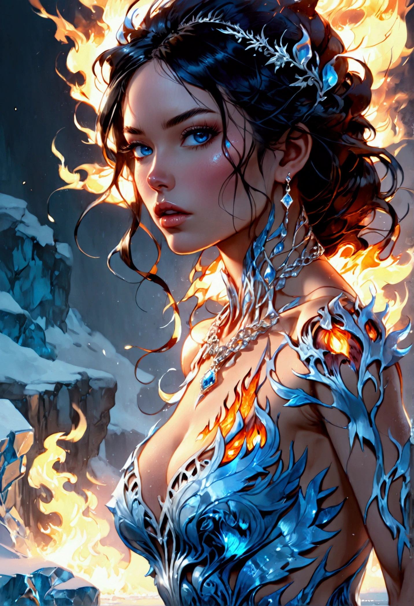 a glamour picture shot, of an elite model covered in fire walking on a icy catwalk, an extraordinary glamourous elite female model, ((full body: 1.5)),  ((anatomically correct: 1.5), (ultra detailed face: 1.2), best detailed face, black hair, long hair, lush hair, glam hair cut, blue eyes, delicate face, light make up, wearing intricate detailed dress, glamour dress, haute couture dress, elite fashion dress, dynamic color dress,  FireMagicAI,  small cleavage, busty wearing high heels, elegant high heels, she wears diamond necklace, she is covered in fire, she walks on an icy catwalk, image reflecting in the ice IceMagicAI, elite fashion show background, vibrant, Hyperrealism style, vibrant, Ultra-high resolution, High Contrast, (masterpiece:1.5), highest quality, Best aesthetics), best details, best quality, highres, ultra wide angle, 16k, [ultra detailed], masterpiece, best quality, (extremely detailed) RAW, FireMagicAI, IceMagicAI, faize, Dark Fantasy page