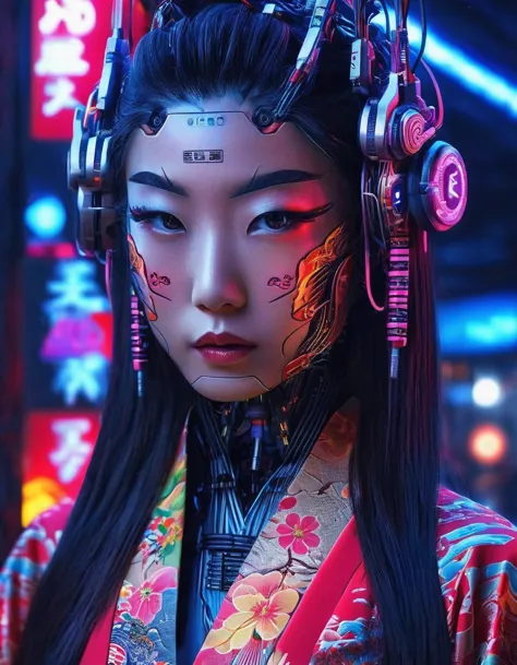 high technology, futuristic, cyborg girl, (photorealistic:1.4), long hair made of cables, robotic, lots of computer cables in th...