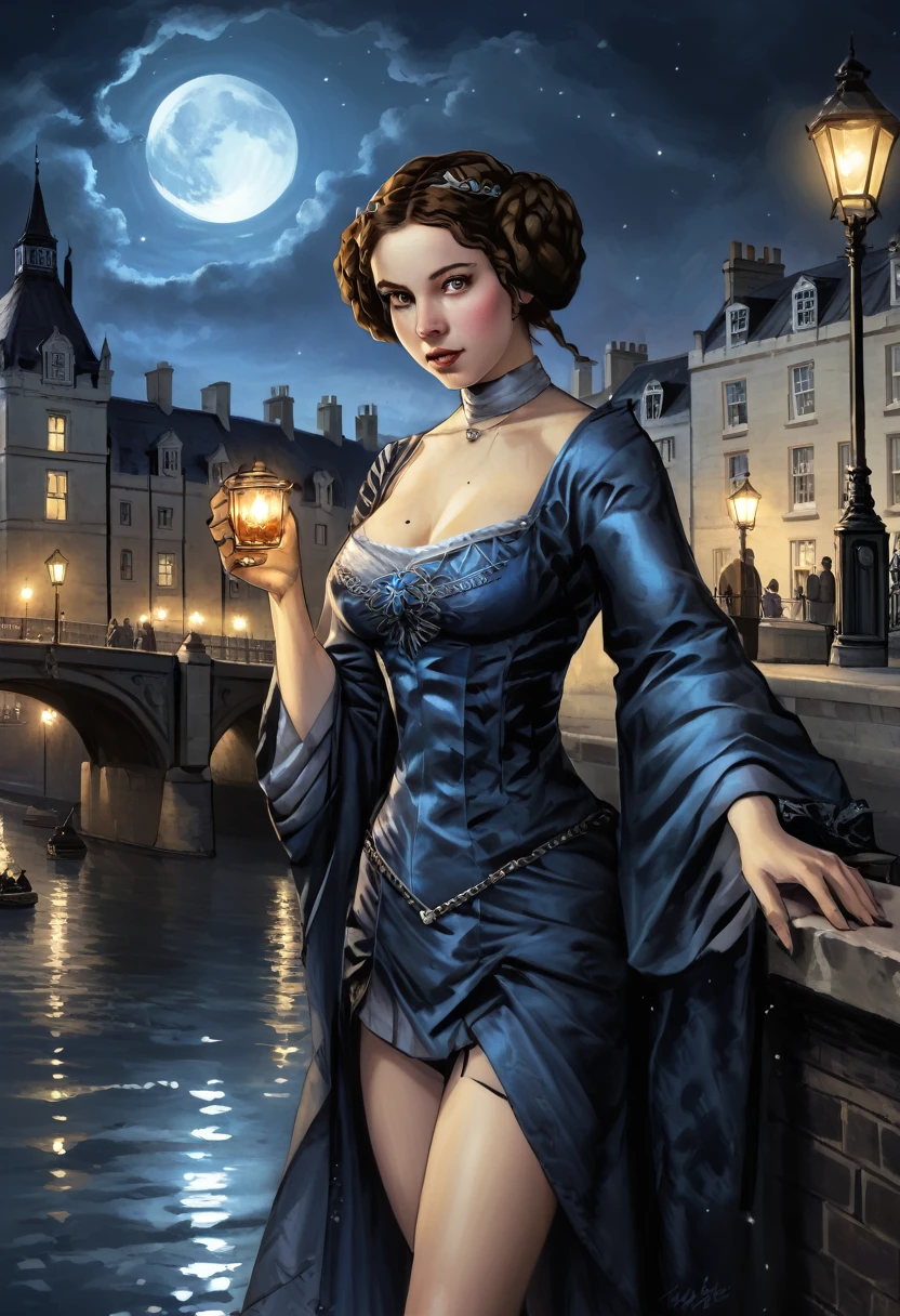 1girl, solo, princess_leia_organa_solo, short hair, hair bun, selfie, brown_hair, side buns, victorian era dress, lady mystical lamps at a Gaslit bridge spanning over tranquil river, london street, nighttime, fog, westminster, big ben, ultra-fine digital painting, cin3 victorianstyle,