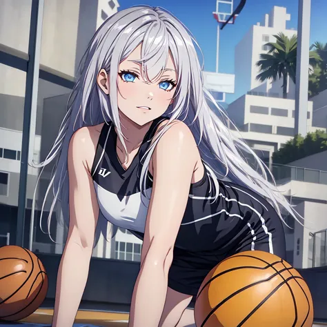 "alya,white hair, blue eyes, long hair,playing basketball "