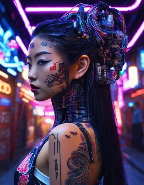 high technology, futuristic, cyborg girl, (photorealistic:1.4), long hair made of cables, robotic, lots of computer cables in th...