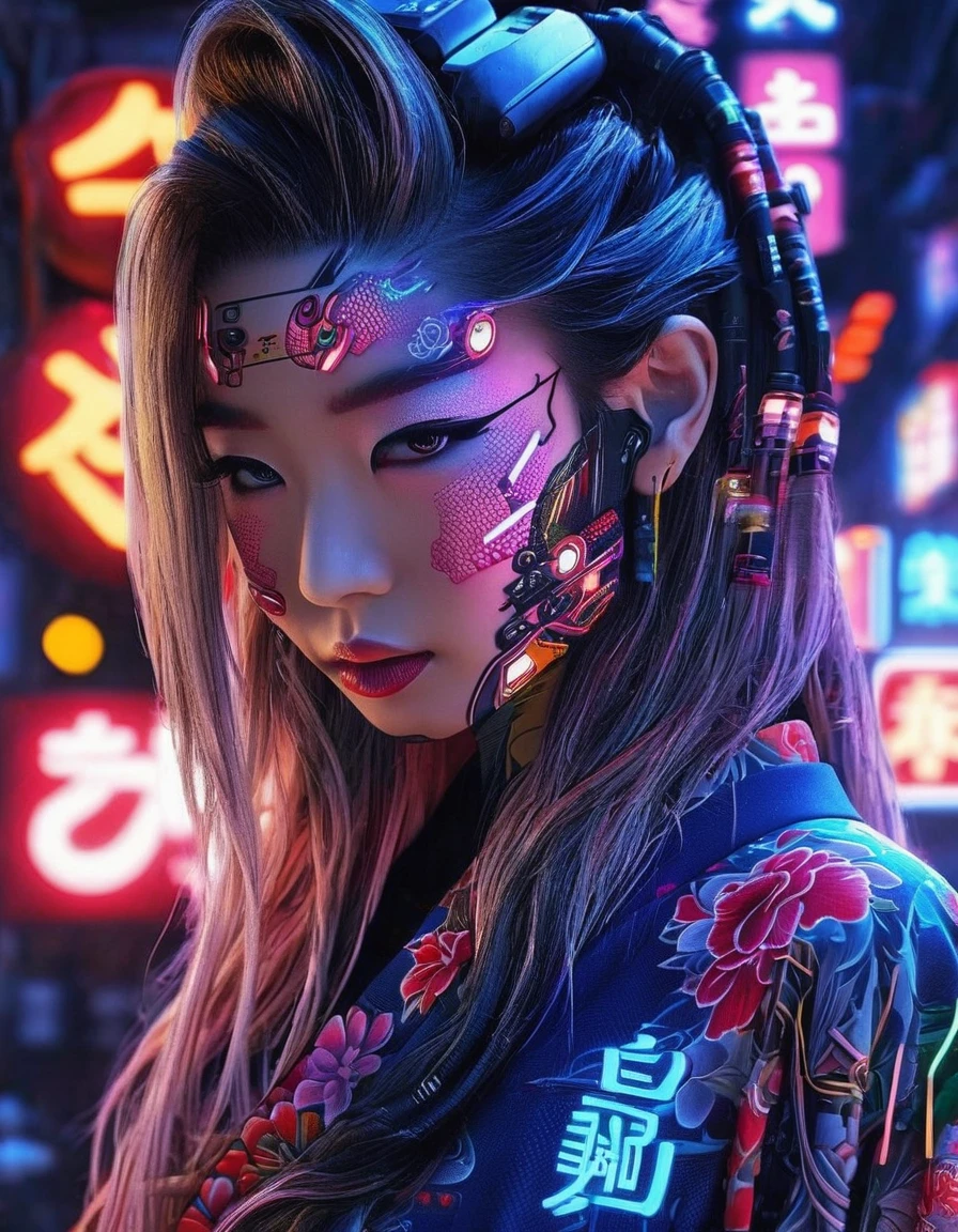 High technology, futuristic, cyborg girl, (photorealistic:1.4), long hair made of cables, robotic, lots of computer cables in the bacground, ultra high res, uhd, 8k, neon lights, japanese culture, kimono, jspanese demon

、asianbeauty、8k、4K、real、Realism、reality、Ultra HD、Asian、beautiful girl、High Quality、Highvision、Hyperdetail、Tattoos on the face、Japanese Tattoo、Japanesetattoo


、Full Body Shot