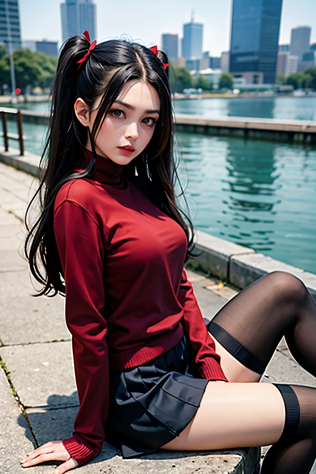 (masterpiece), best quality, expressive eyes, perfect face, 1girl, solo, rintohsaka, Mary R. as rin tohsaka, aqua eyes, black hair, hair ribbon, long hair, ribbon, sidelocks, two side up, black skirt, black thighhighs, long sleeves, miniskirt, pleated skirt, ((red sweater)), skirt, sweater, thighhighs, turtleneck, city background, sitting, character sheet, upper body, portrait, looking at viewer