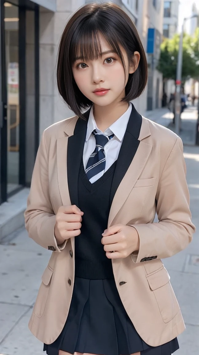 ヌード,フロント,黒いショートヘアでオマンコを見せる,学校のブレザー制服
