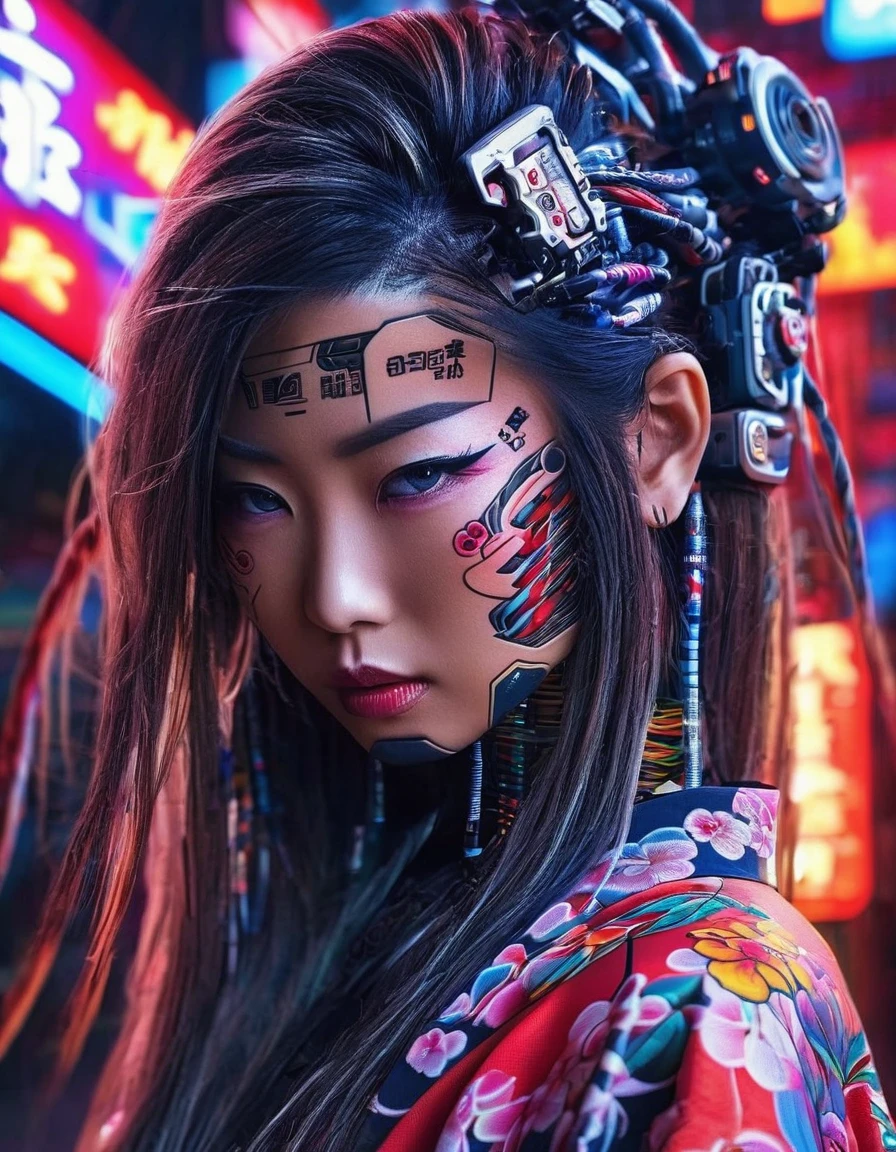 High technology, futuristic, cyborg girl, (photorealistic:1.4), long hair made of cables, robotic, lots of computer cables in the bacground, ultra high res, uhd, 8k, neon lights, japanese culture, kimono, jspanese demon

、asianbeauty、8k、4K、real、Realism、reality、Ultra HD、Asian、beautiful girl、High Quality、Highvision、Hyperdetail、Tattoos on the face、Japanese Tattoo、Japanesetattoo


、Full Body Shot、long shot