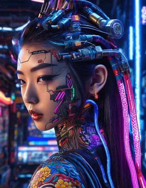 high technology, futuristic, cyborg girl, (photorealistic:1.4), long hair made of cables, robotic, lots of computer cables in th...