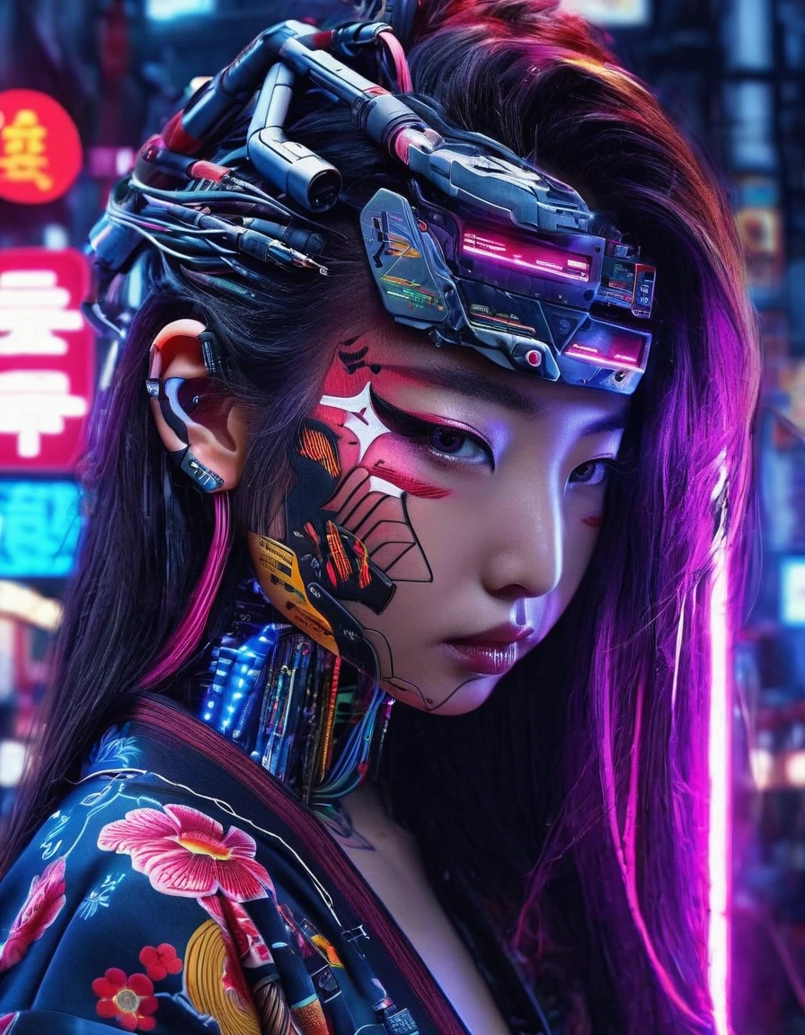 High technology, futuristic, cyborg girl, (photorealistic:1.4), long hair made of cables, robotic, lots of computer cables in the bacground, ultra high res, uhd, 8k, neon lights, japanese culture, kimono, jspanese demon

、asianbeauty、8k、4K、real、Realism、reality、Ultra HD、Asian、beautiful girl、High Quality、Highvision、Hyperdetail、Tattoos on the face、Japanese Tattoo、Japanesetattoo


、Full Body Shot、long shot