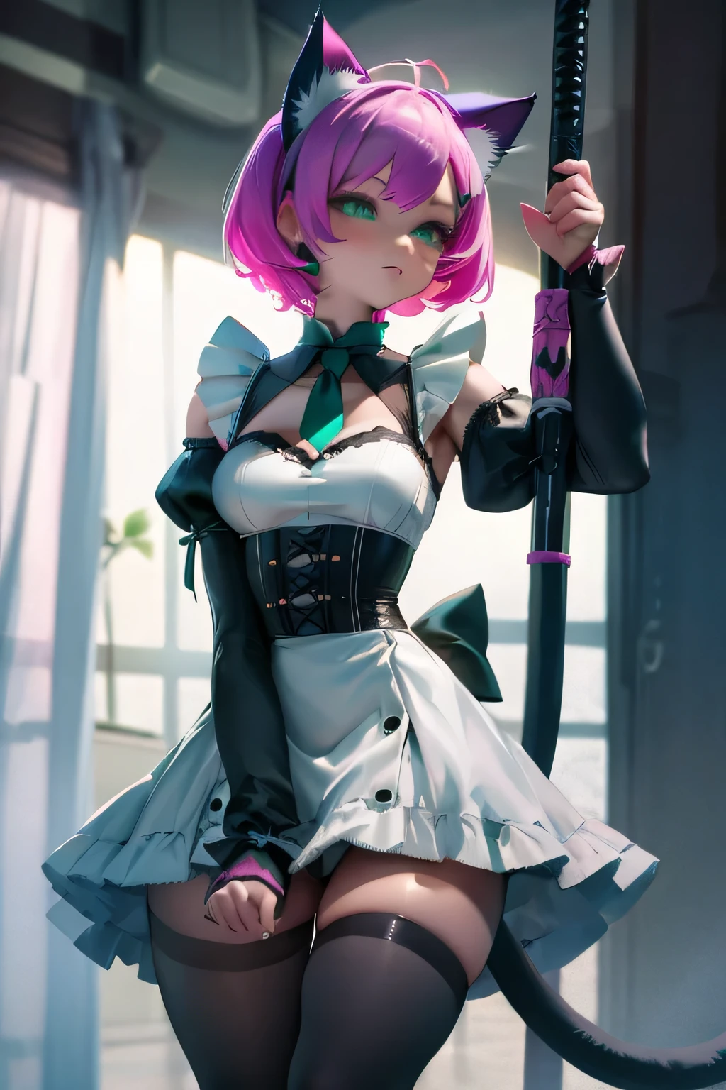 best quality,4k,highres),ultra detailed,realistic:1.37, Pink hair, short hair, deep emerald green colored eyes, small breasts,  body, short body, large magical collar, slave, cat girl, cat tail, servant, sexy, cute, shy look, tied up, in a dungeon, mischievous expression, bratty, short maid dress, thigh high leggings, lolita maid, white dress, black and green dress, revealing dress, exposed thighs, detached sleeves
