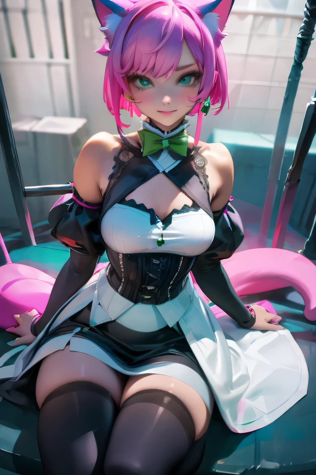 best quality,4k,highres),ultra detailed,realistic:1.37, Pink hair, short hair, deep emerald green colored eyes, small breasts,  body, short body, large magical collar, slave, cat girl, cat tail, servant, sexy, cute, shy look, tied up, in a dungeon, mischievous expression, bratty, short maid dress, thigh high leggings, lolita maid, white dress, black and green dress, revealing dress, exposed thighs, detached sleeves
