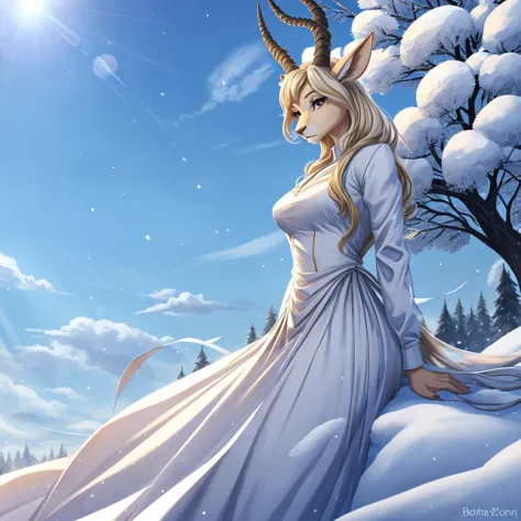 the female white gazelle in the beastars universe exudes a serene and ethereal beauty.. with a slender body and snow-white fur.,...