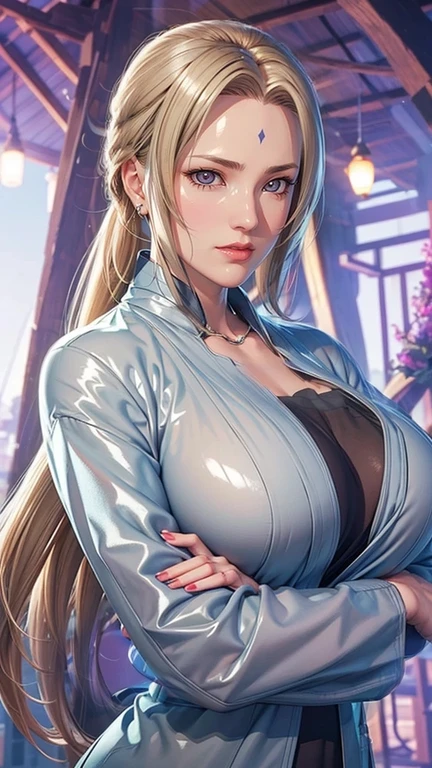 （（（Perfect figure，figure，独奏， White and tender skin，（（（cyberpunk，tsunade, Japanese clothes, sash, jacket，A tea green long jacket with black edges, black belt,  ））），（（（T5un4D3, Light yellow long hair, blue purple mark on forehead, light yellow thin short eyebrows, bright brown pupils, light red lipasterpiece)),high resolution, ((Best quality at best))，masterpiece，quality，Best quality，（（（ Exquisite facial features，Looking at the audience,There is light in the eyes，(（（Smile，confidence)））)，））），型figure:1.7））），（（（Light and shadow，Huge breasts））），（（（Looking at the camera，black background）））