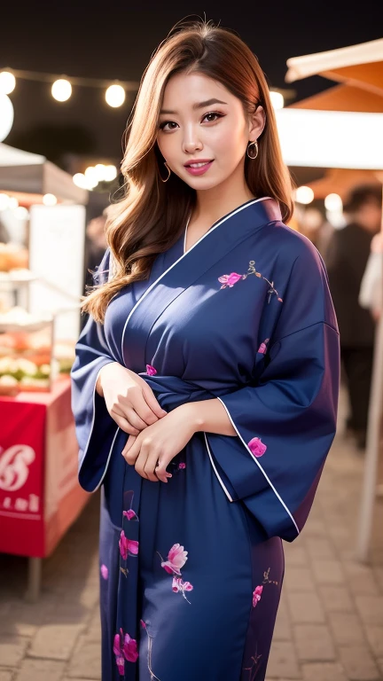 (Highest quality、8k、Award-winning works、Ultra-high resolution)、One beautiful woman、((She is wearing a cute navy blue yukata...)),(blonde:1.1)、Bright color contacts、Perfect Makeup、Bright and shiny lipstick、(Very heavy makeup:1.2)、(Deep pink around the eyes:1.1)、Beautiful bright eyeshadow、Heavy makeup around the eyes、very long wavy hair、(Romantic affection:1.1)、The best smile he had when he saw me、(Background of food stalls lined up at a night festival:1.1)、(Strongly blurred background:1.1)、Accurate anatomy、Ultra HD Hair、(Ultra-high resolutionの完璧な美しい歯:1.1)、Ultra-high definition beauty face、Ultra HD Hair、Ultra HD Shining Eyes、輝くUltra-high resolutionの美肌、Ultra-high resolutionの艶やかな唇,I&#39;m holding a water balloon with a picture on it.,Neon lights are glowing