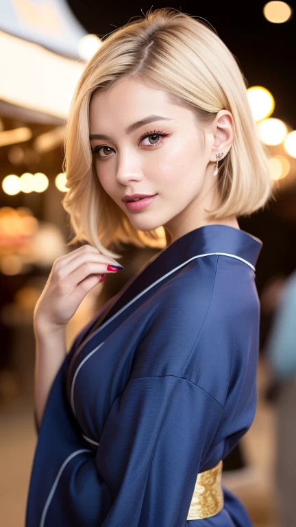 (Highest quality、8k、Award-winning works、Ultra-high resolution)、One beautiful woman、((She is wearing a cute navy blue yukata...)),(blonde:1.1)、Bright color contacts、Perfect Makeup、Bright and shiny lipstick、(Very heavy makeup:1.2)、(Deep pink around the eyes:1.1)、Beautiful bright eyeshadow、Heavy makeup around the eyes、very long wavy hair、(Romantic affection:1.1)、The best smile he had when he saw me、(Background of food stalls lined up at a night festival:1.1)、(Strongly blurred background:1.1)、Accurate anatomy、Ultra HD Hair、(Ultra-high resolutionの完璧な美しい歯:1.1)、Ultra-high definition beauty face、Ultra HD Hair、Ultra HD Shining Eyes、輝くUltra-high resolutionの美肌、Ultra-high resolutionの艶やかな唇,I&#39;m holding a water balloon with a picture on it.,Neon lights are glowing