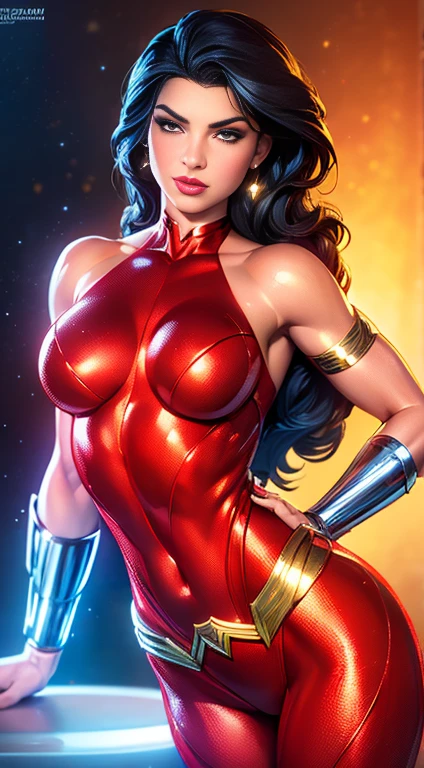 ( Masterpiece, 4k resolution, ultrarealistic, Very detailed) beautiful and sexy donna troy ,Beautiful detailed eyes,beautiful detailed lips,extremely detailed face,long eyelashes, sexy,soft lighting,subtle background,professional photography,vivid colors whole body ,  by a fan, Flushed face () whole body (seductive) (ready for ) (biting liplue eyes) (Diana Troy) (Red suit) (Wonder Girl) 
 (DC comics) portrait photography by artgerm, in the style of realism, glowing skin, , natural lighting, Defined full lips. feminine body whole body