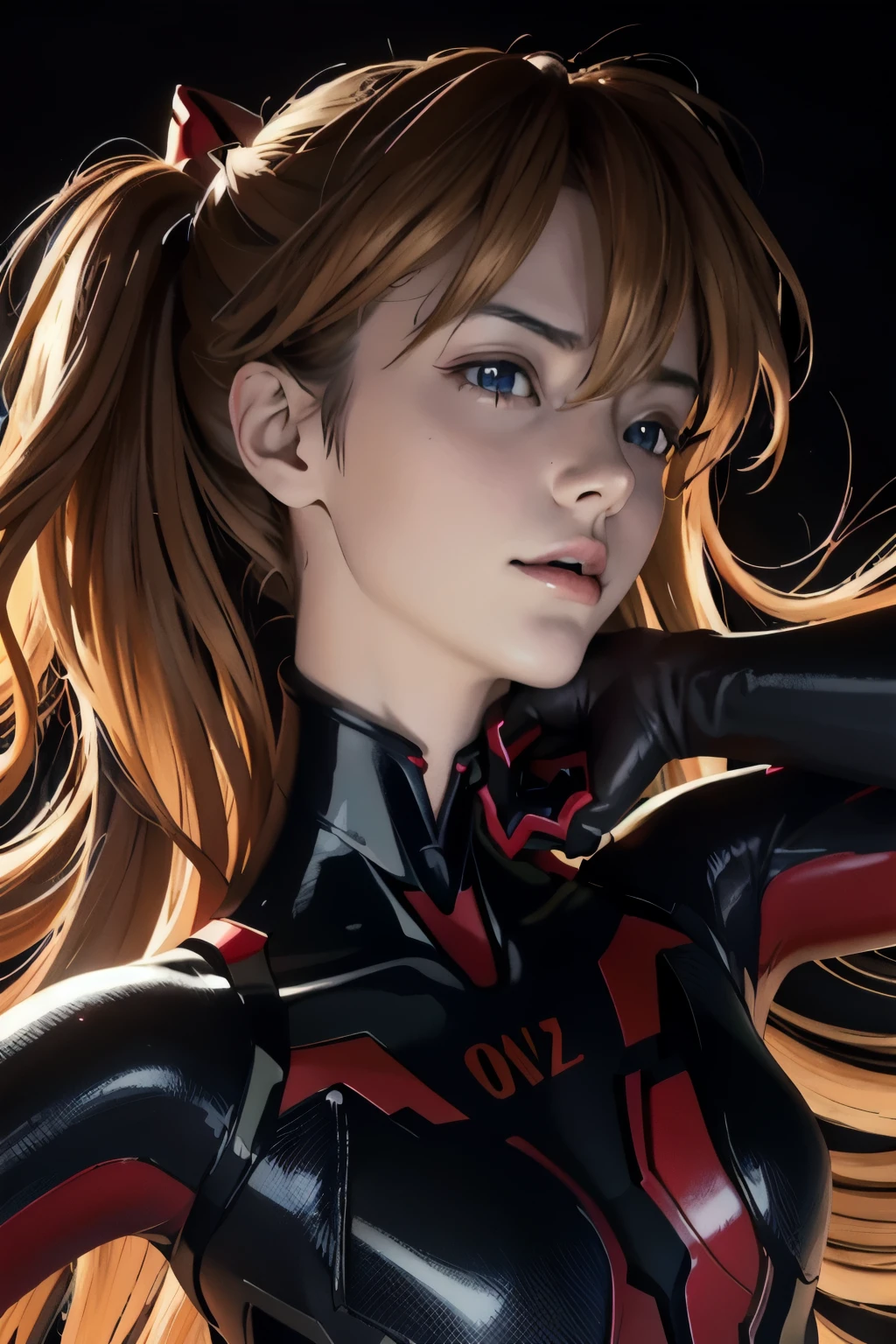 Official Art, unity 8k wallpaper, Super detailed, beautifully、aesthetic, masterpiece, Highest quality, Realistic, close, Skin Dentition, Soryu Asuka Langley, Interface Headset, A bodysuit worn under clothing, Detailed eyes, Detailed face, Detailed Hair, Black background, Straight, View your viewers, Shiny,