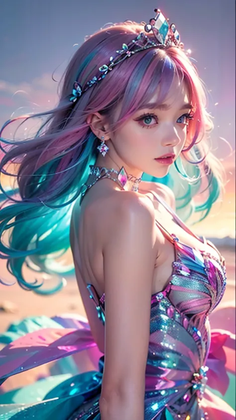 best quality，masterpiece，16k，1girl, bangs, bare shoulders, breasts, crown, crystal, dress, from side, gem,Colorful crystals,Crys...