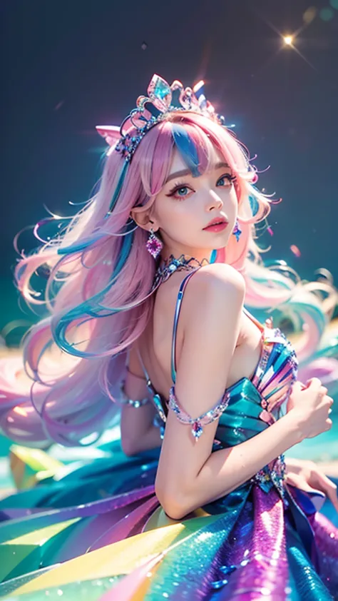 best quality，masterpiece，16k，1girl, bangs, bare shoulders, breasts, crown, crystal, dress, from side, gem,Colorful crystals,Crys...