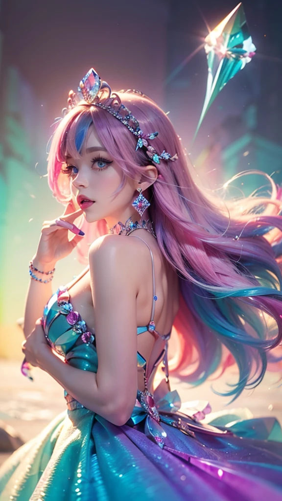 best quality，masterpiece，16k，1girl, bangs, bare shoulders, breasts, crown, crystal, dress, from side, gem,Colorful crystals,Crystal Headwear,There are many crystals on the clothes,Colorful gradient hair,Colorful Dress,Floating Colorful Crystal,Crystal on the body,Crystal necklace,Colorful crystal decoration,Crystal Girl, gradient hair, jewelry, long hair, makeup, medium breasts, multicolored hair, pink hair, solo, tiara