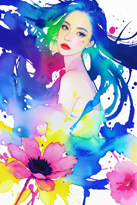 (beautiful woman portrait),best quality,masterpiece,official art,watercolor painting,(splashing color:1.2),(the flower skirt tha...