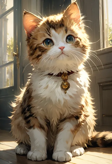 cute munchkin cat greets viewers, pierre＝art by auguste renoir and jeremy mann, (viewpoint angle:1.2), realistic, ray tracing, b...