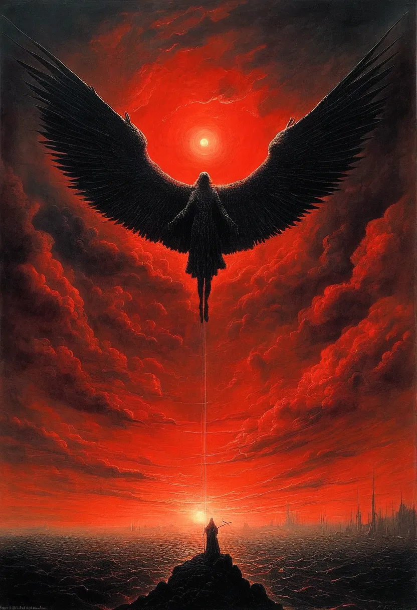 mythical creatures, author：zdzislaw beksiński、angel、holy war、big eye in the sky、red/black