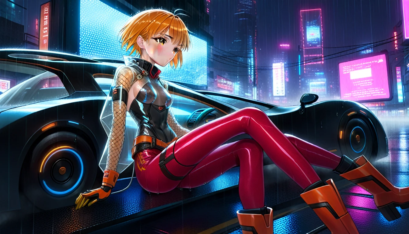 A female hacker sitting on the hood of a futuristic car in a cyberpunk metropolis at night, (heavy rain:1.0), facing the viewer, holding a cyberdeck with a transparent screen, short silverwhite trimmed undercut haircut, immaculate skin, (wet skin:1.2), (wet hair:1.2), thoughtful look on the face, (raindrops on the whole body:1.3), (small breasts:1.2), legs spread, strong thighs, transparent synthetic top, fullbody orange and black translucent skintight synthetic cyberpunk underarmor with intricate hexagon mesh, cutout over the whole back, utility belt with multimeter and some probes attached, red synthetic hot pants, thigh high translucent latex boots, cutoff gloves, (no makeup:1.5), natural fingernails, emma watson, edgFut_clothing, neons, electric circuits