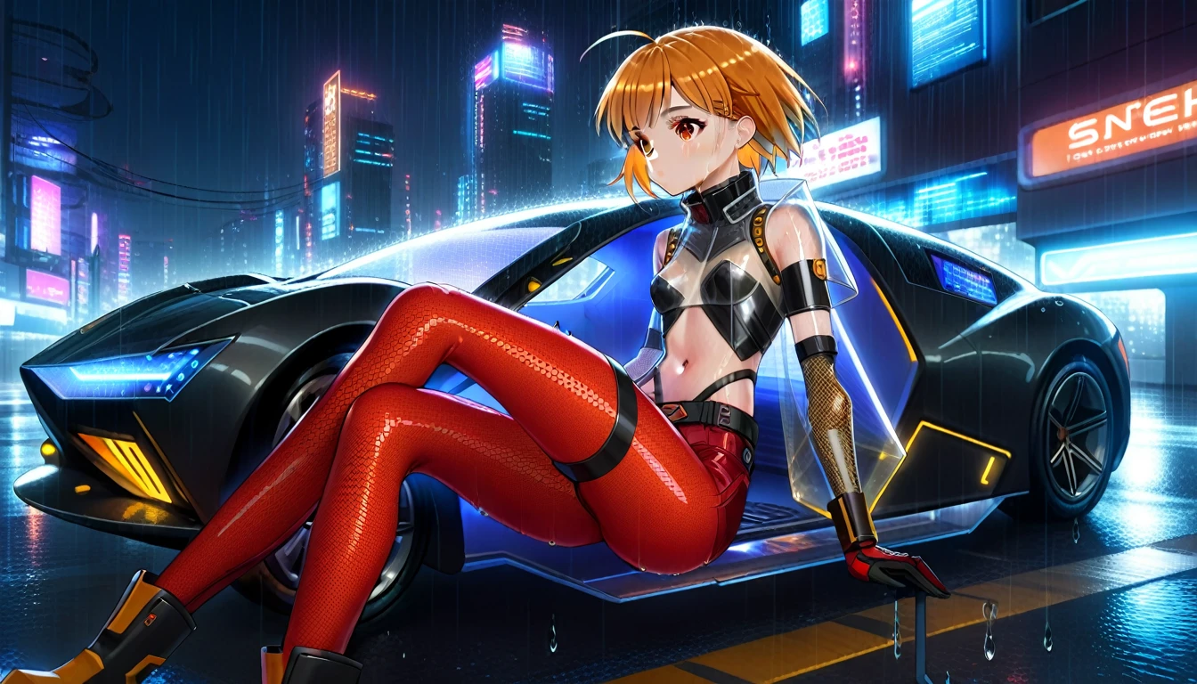 A female hacker sitting on the hood of a futuristic car in a cyberpunk metropolis at night, (heavy rain:1.0), facing the viewer, holding a cyberdeck with a transparent screen, short silverwhite trimmed undercut haircut, immaculate skin, (wet skin:1.2), (wet hair:1.2), thoughtful look on the face, (raindrops on the whole body:1.3), (small breasts:1.2), legs spread, strong thighs, transparent synthetic top, fullbody orange and black translucent skintight synthetic cyberpunk underarmor with intricate hexagon mesh, cutout over the whole back, utility belt with multimeter and some probes attached, red synthetic hot pants, thigh high translucent latex boots, cutoff gloves, (no makeup:1.5), natural fingernails, emma watson, edgFut_clothing, neons, electric circuits