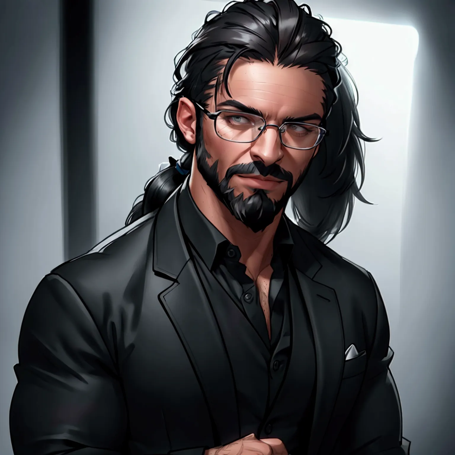 a muscular man with long dark hair in a ponytail,glasses,scruffy beard,wearing a business vest and black dress pants,solo,alone,...