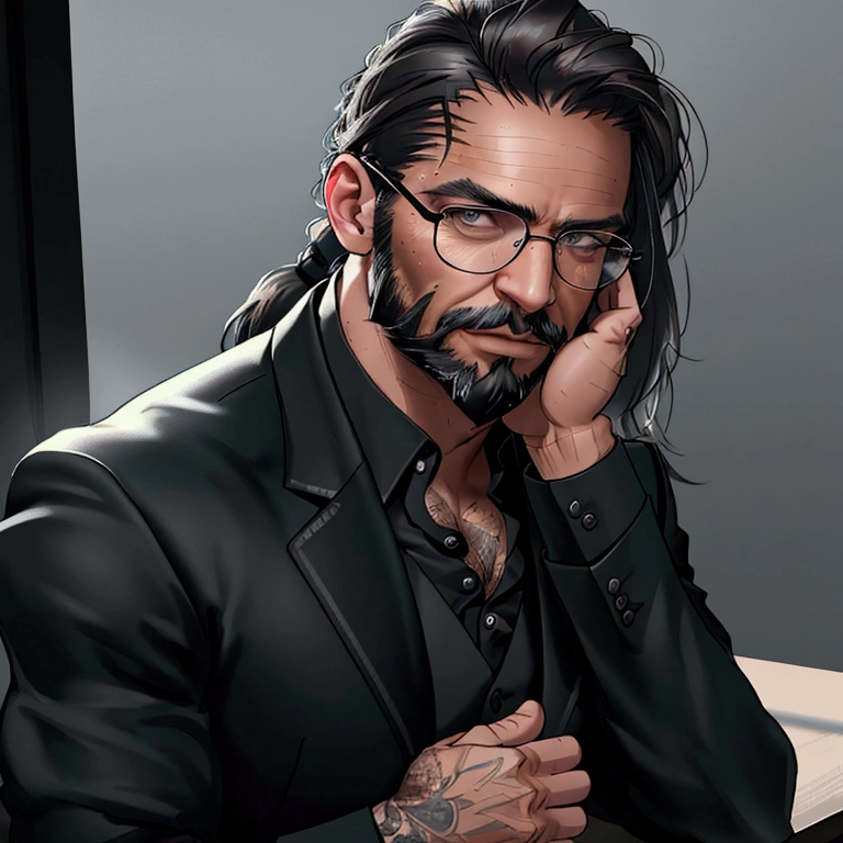 a muscular man with long dark hair in a ponytail,glasses,scruffy beard,wearing a business vest and black dress pants,solo,alone,(SOLO)(ALONE),extremely detailed portrait,photorealistic,cinematic lighting,(best quality,8k,highres,masterpiece:1.2),ultra-detailed,(realistic:1.37)