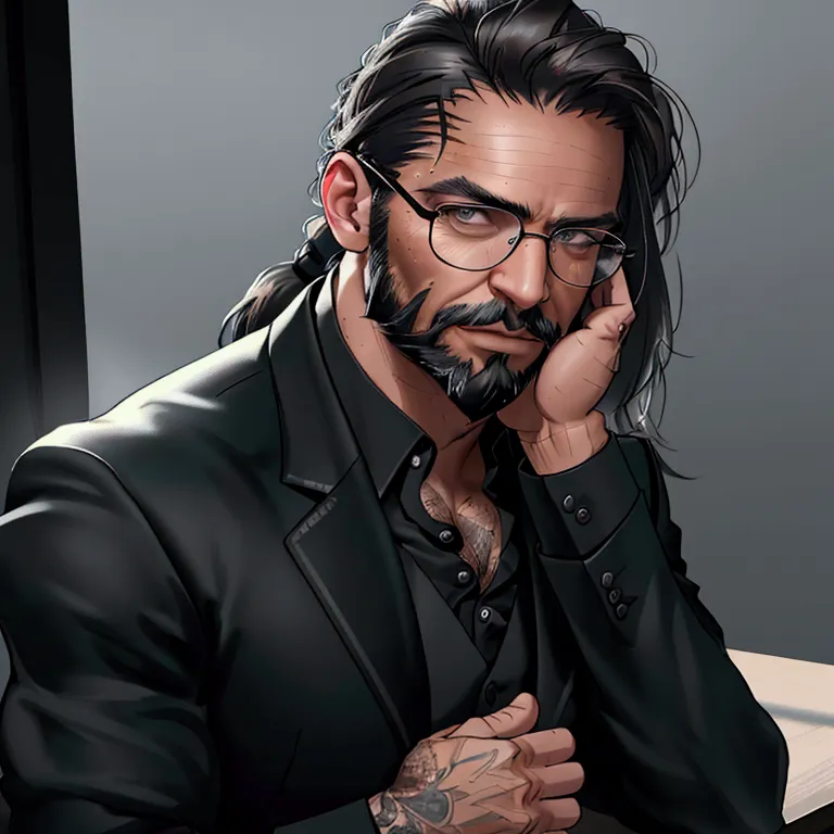 a muscular man with long dark hair in a ponytail,glasses,scruffy beard,wearing a business vest and black dress pants,solo,alone,...