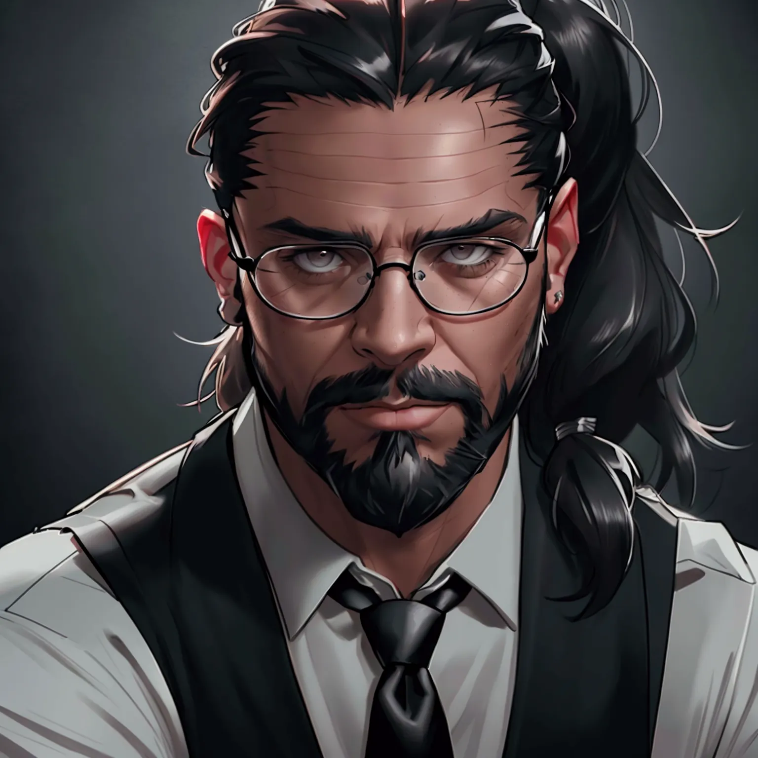 a muscular man with long dark hair in a ponytail,glasses,scruffy beard,wearing a business vest and black dress pants,solo,alone,...